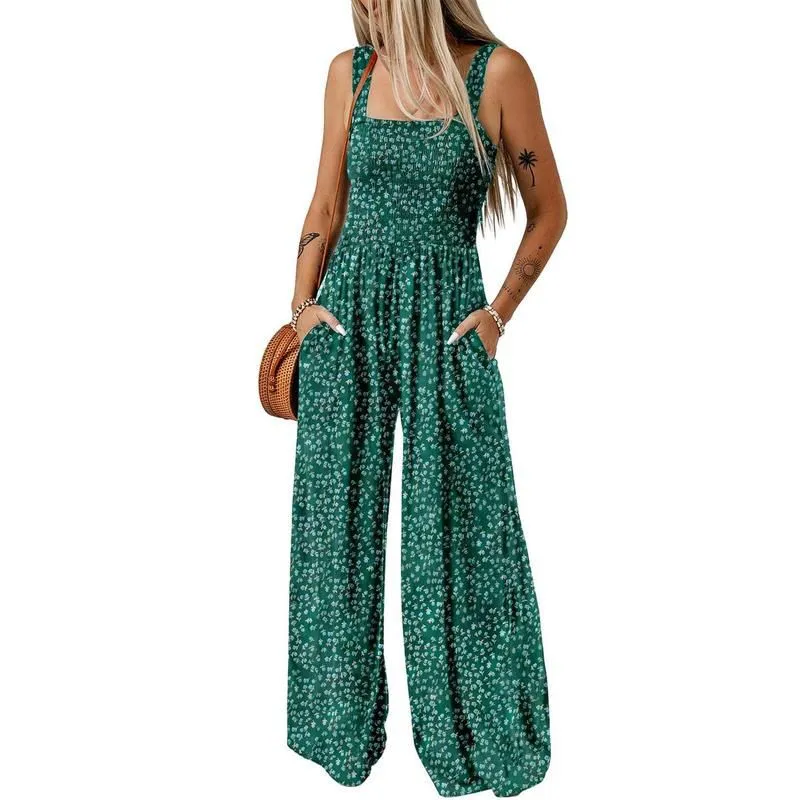 Womens Casual Print Sleeveless Overalls Jumpsuits
