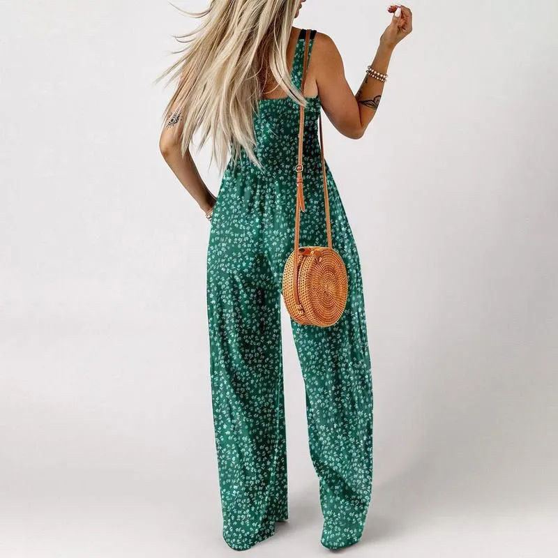Womens Casual Print Sleeveless Overalls Jumpsuits