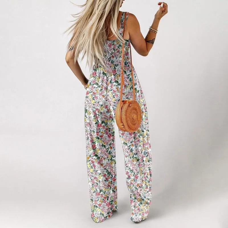 Womens Casual Print Sleeveless Overalls Jumpsuits