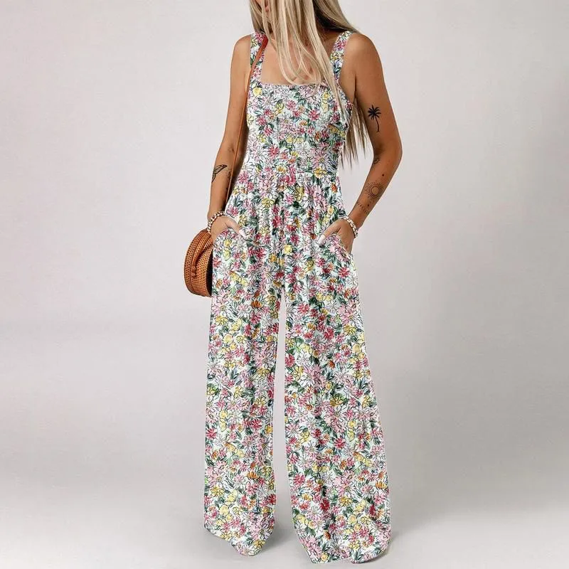 Womens Casual Print Sleeveless Overalls Jumpsuits