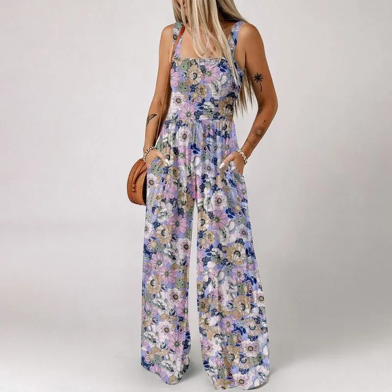 Womens Casual Print Sleeveless Overalls Jumpsuits