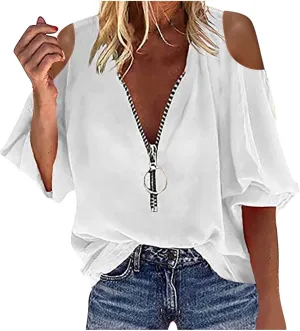 Womens Casual Zip T Shirts Fashion Cutout Long Sleeve Cold Shoulder V Neck Tops Loose Fit Dressy Party Tunic Blouse