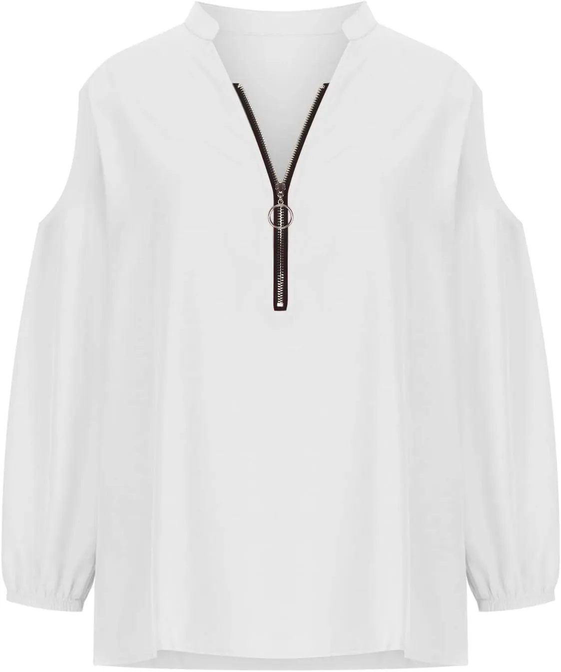 Womens Casual Zip T Shirts Fashion Cutout Long Sleeve Cold Shoulder V Neck Tops Loose Fit Dressy Party Tunic Blouse