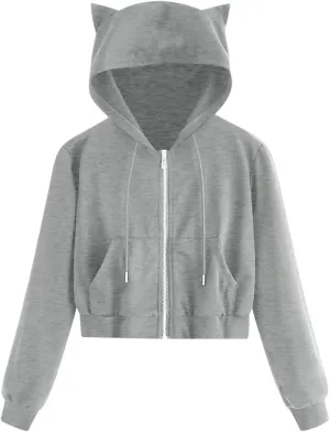Women's Cat Ear Hoodie Full Zip Crop Sweatshirt Long Sleeve Cute Jacket Casual Coat 2024 Fashion Fall Outfits