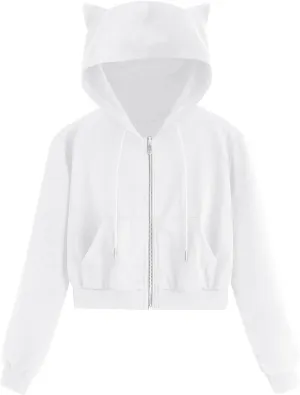 Women's Cat Ear Hoodie Full Zip Crop Sweatshirt Long Sleeve Cute Jacket Casual Coat 2024 Fashion Fall Outfits