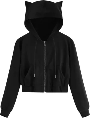 Women's Cat Ear Hoodie Full Zip Crop Sweatshirt Long Sleeve Cute Jacket Casual Coat 2024 Fashion Fall Outfits