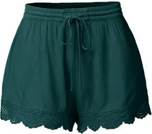 Womens Cotton Linen Soft Lightweight Shorts Drawstring Waist Lace Trim Casual Summer Shorts for Everyday Wear Pants