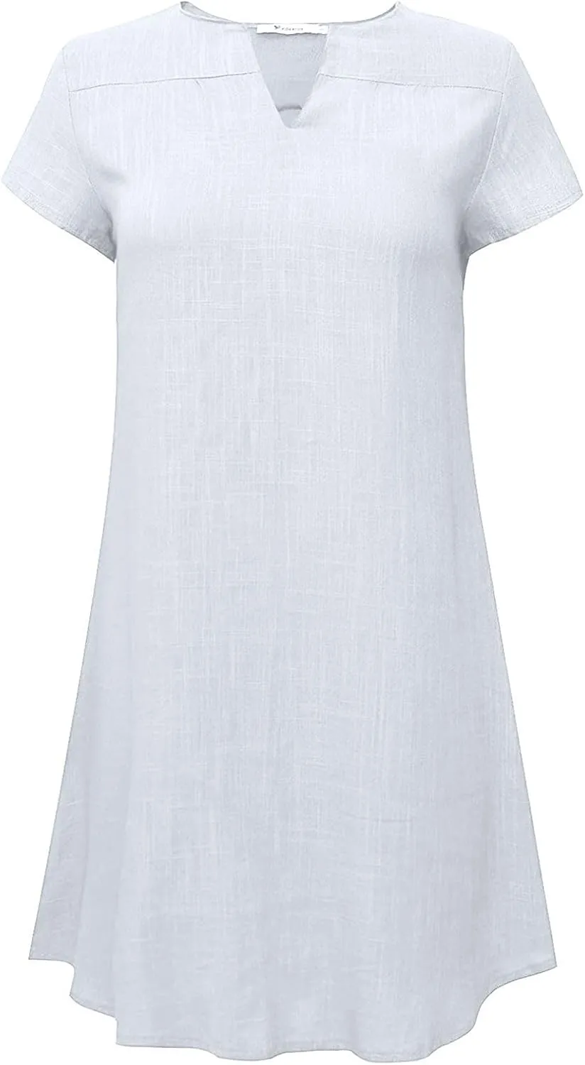 Womens Cotton Linen T Shirt Dress Summer Casual Short Sleeve V Neck Beach A-Line Dress Plus Size Flowy Mini Dresses