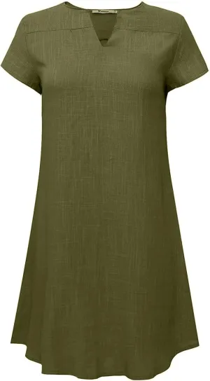 Womens Cotton Linen T Shirt Dress Summer Casual Short Sleeve V Neck Beach A-Line Dress Plus Size Flowy Mini Dresses