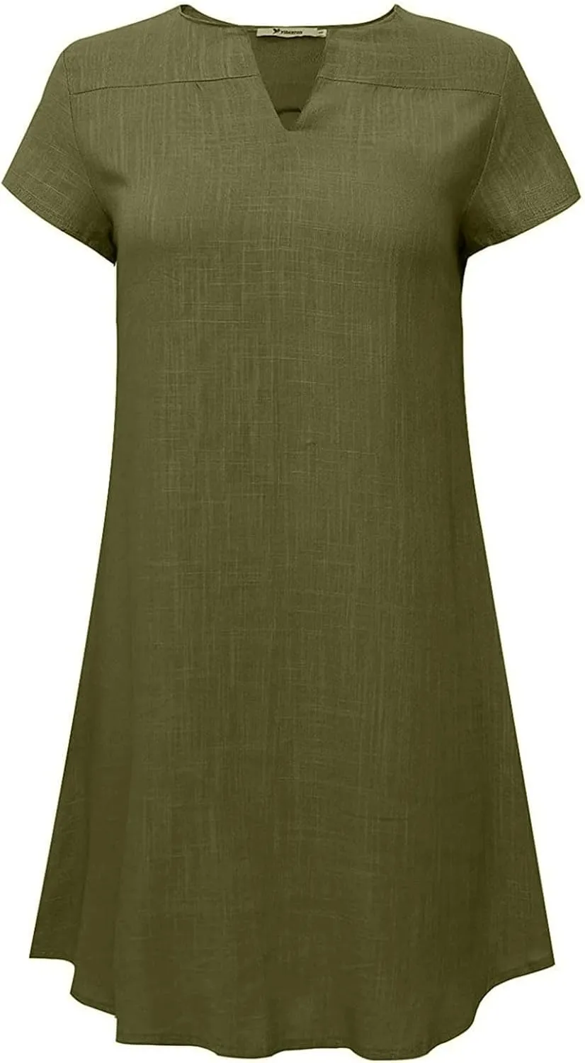 Womens Cotton Linen T Shirt Dress Summer Casual Short Sleeve V Neck Beach A-Line Dress Plus Size Flowy Mini Dresses