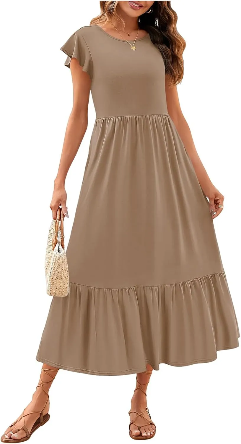 Womens Crew Neck Flutter Sleeve Boho Midi Dress Smocked A-Line Flowy Tiered Modest Midi Sundress