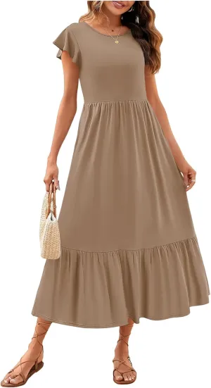 Womens Crew Neck Flutter Sleeve Boho Midi Dress Smocked A-Line Flowy Tiered Modest Midi Sundress