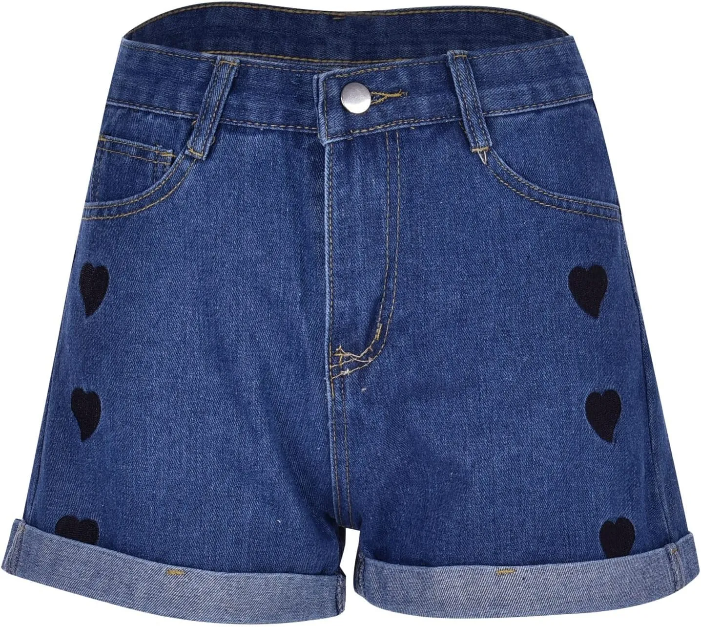Womens Denim Shorts High Waisted Summer Hot Pants Hem Curled Loose Jean Short Casual Shorts with Love Embroidery