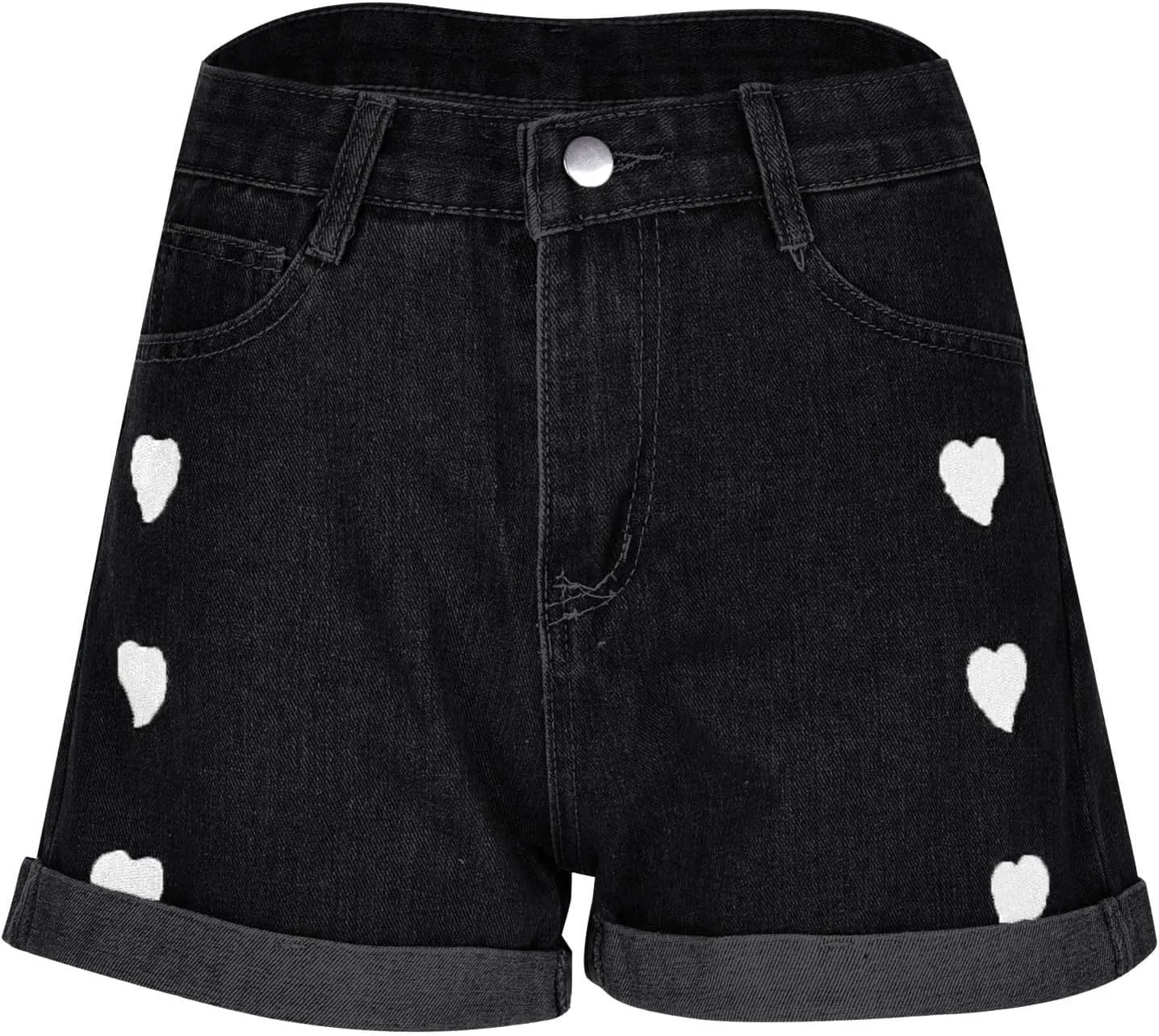 Womens Denim Shorts High Waisted Summer Hot Pants Hem Curled Loose Jean Short Casual Shorts with Love Embroidery
