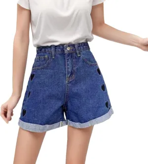 Womens Denim Shorts High Waisted Summer Hot Pants Hem Curled Loose Jean Short Casual Shorts with Love Embroidery