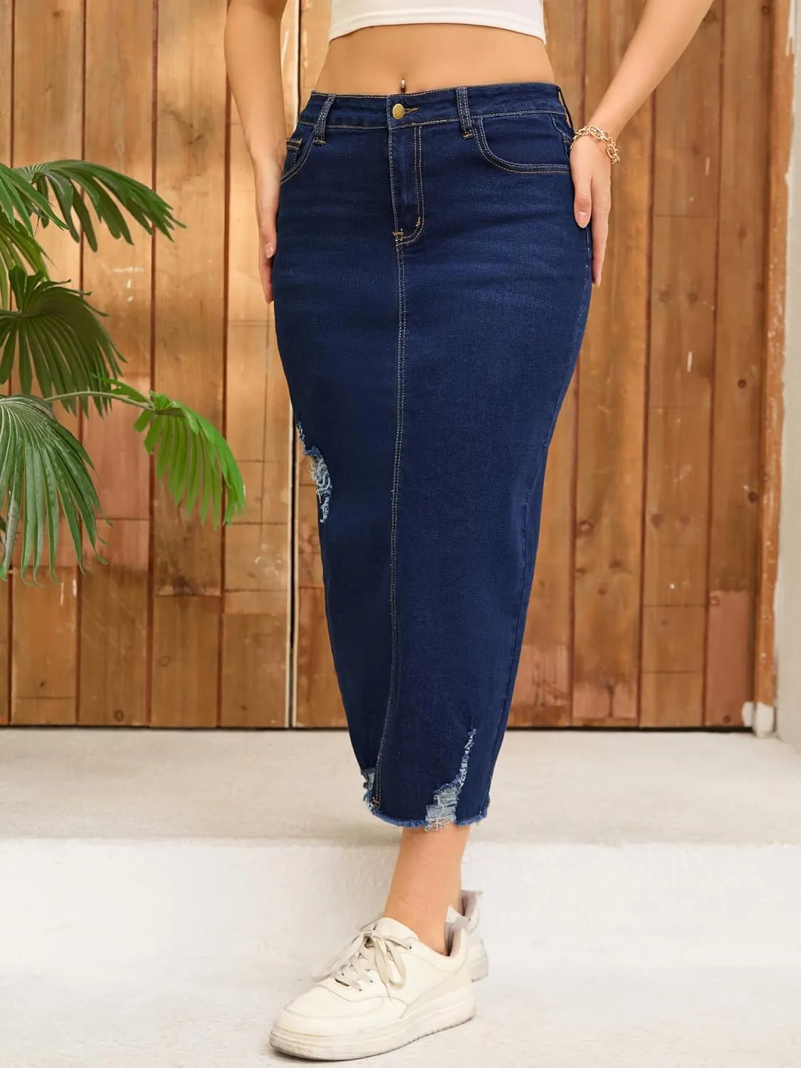 Women's Denim Skirt High Waisted Stretch Ripped Raw Hem Split Casual Midi Pencil Skirt Jean Skirts