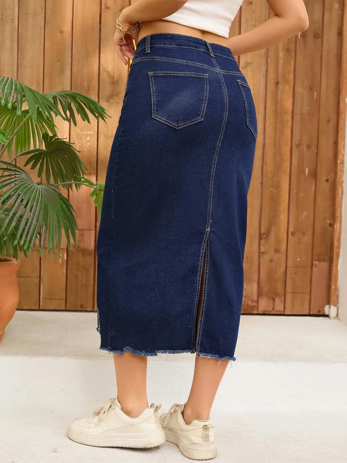 Women's Denim Skirt High Waisted Stretch Ripped Raw Hem Split Casual Midi Pencil Skirt Jean Skirts