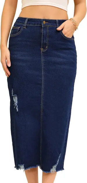 Women's Denim Skirt High Waisted Stretch Ripped Raw Hem Split Casual Midi Pencil Skirt Jean Skirts
