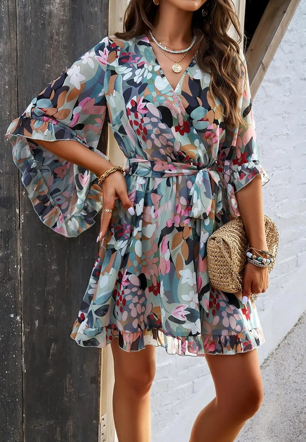 Women's Dress Floral Print Summer Short V-Neck Dresses Casual Short Sleeve High Waist Ruffle Hem Sundress with Belt