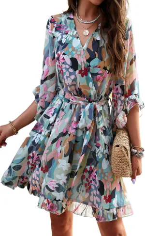 Women's Dress Floral Print Summer Short V-Neck Dresses Casual Short Sleeve High Waist Ruffle Hem Sundress with Belt