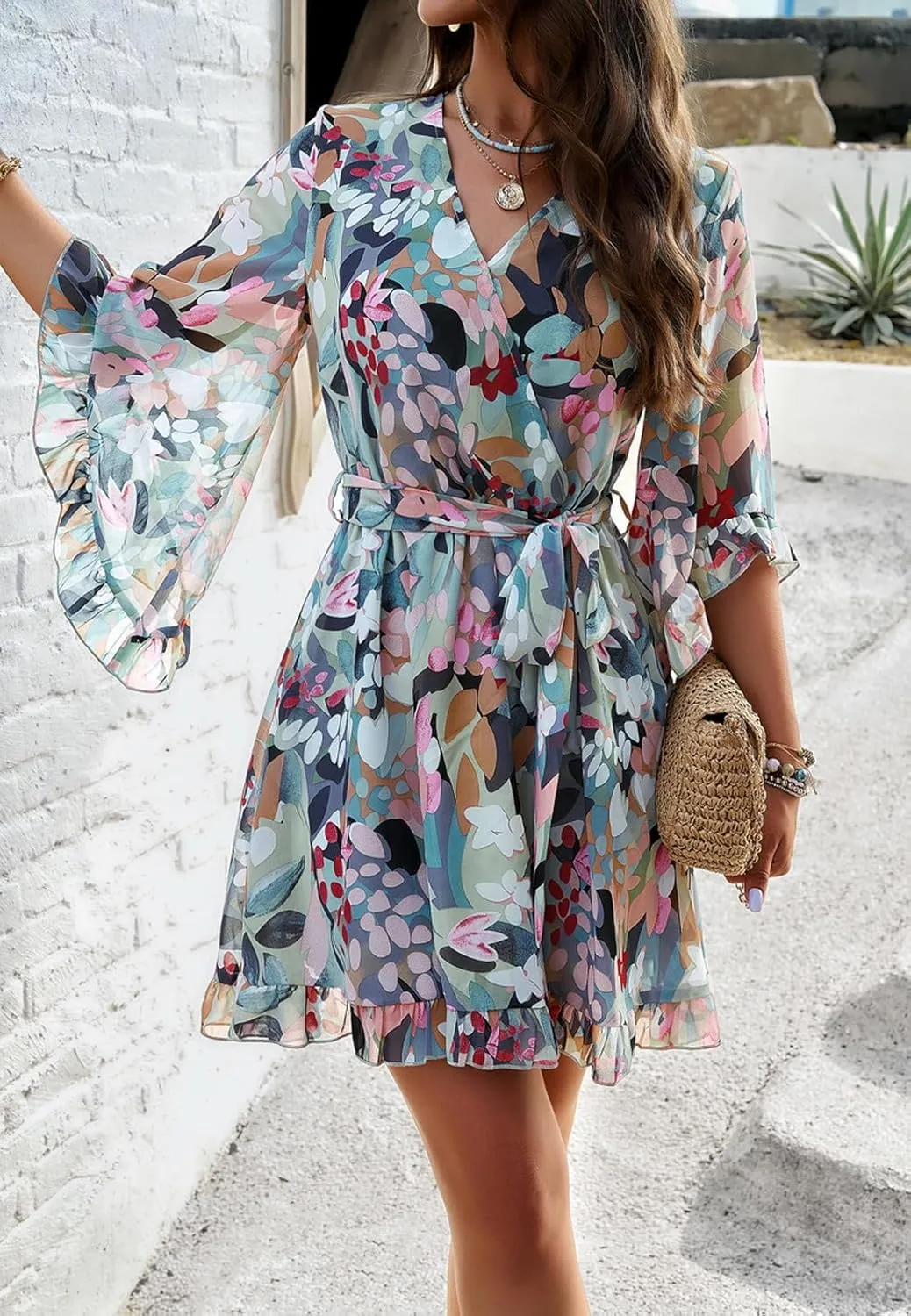 Women's Dress Floral Print Summer Short V-Neck Dresses Casual Short Sleeve High Waist Ruffle Hem Sundress with Belt