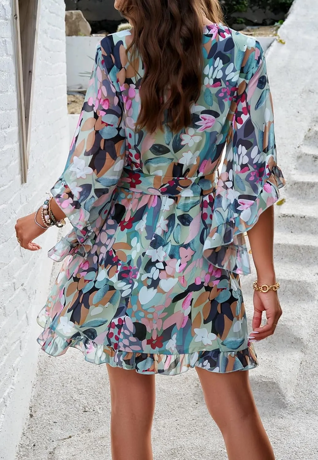 Women's Dress Floral Print Summer Short V-Neck Dresses Casual Short Sleeve High Waist Ruffle Hem Sundress with Belt