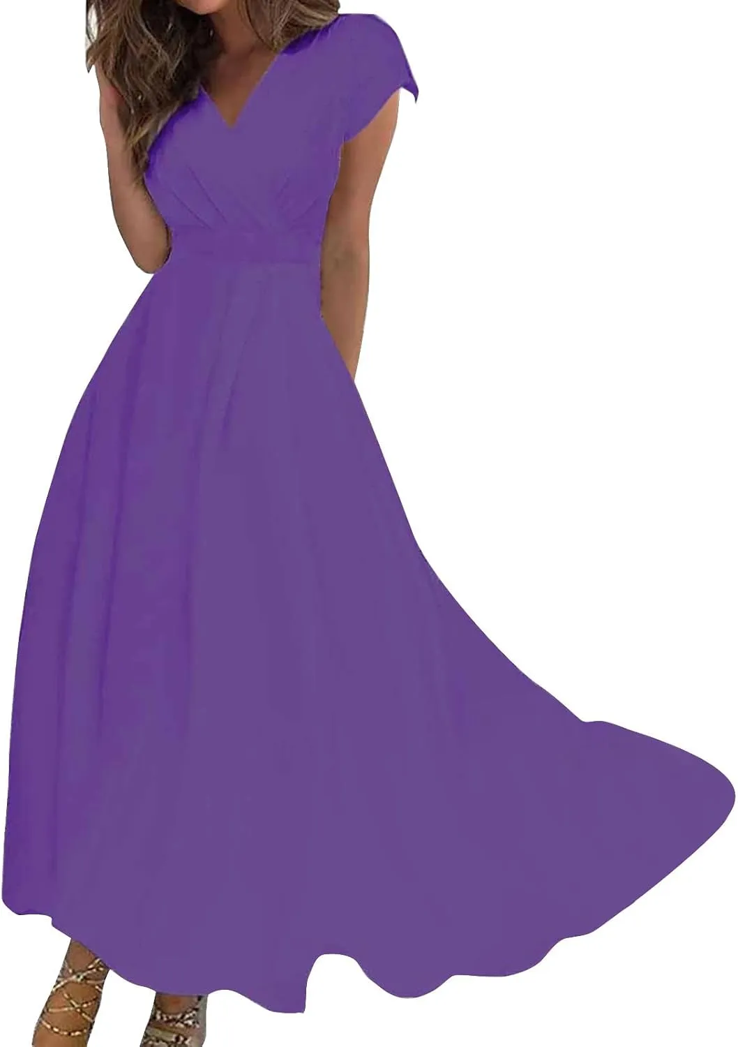 Womens Dresses Wrap V Neck Cap Sleeve Sundresses Elegant Flowy Long Dresses Floral Print Loose Beach Dress