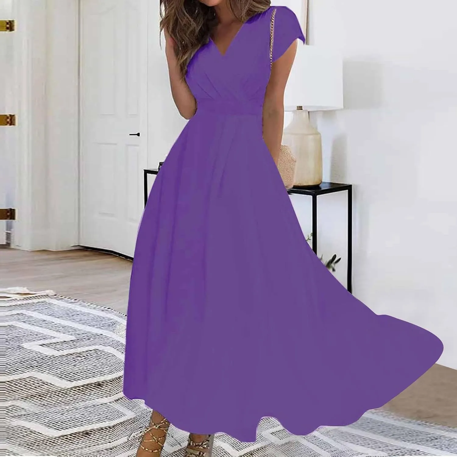 Womens Dresses Wrap V Neck Cap Sleeve Sundresses Elegant Flowy Long Dresses Floral Print Loose Beach Dress