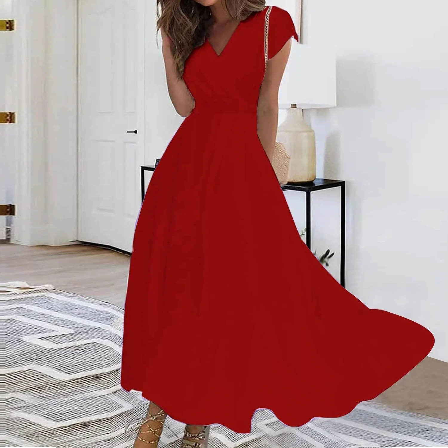 Womens Dresses Wrap V Neck Cap Sleeve Sundresses Elegant Flowy Long Dresses Floral Print Loose Beach Dress