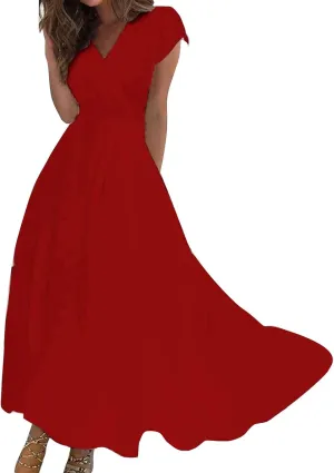 Womens Dresses Wrap V Neck Cap Sleeve Sundresses Elegant Flowy Long Dresses Floral Print Loose Beach Dress