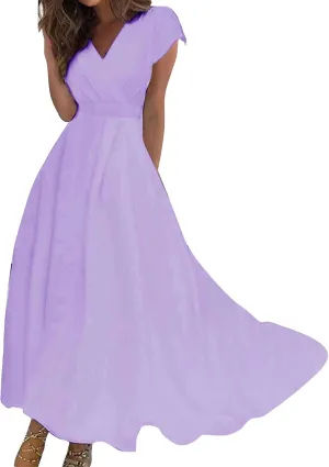 Womens Dresses Wrap V Neck Cap Sleeve Sundresses Elegant Flowy Long Dresses Floral Print Loose Beach Dress