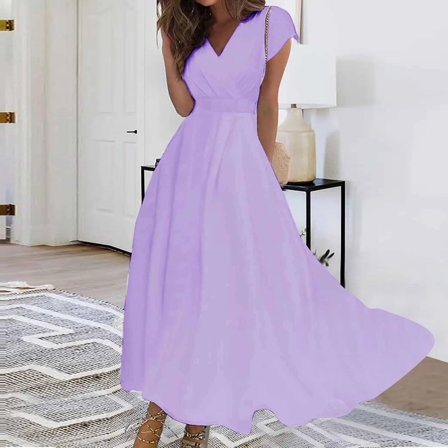 Womens Dresses Wrap V Neck Cap Sleeve Sundresses Elegant Flowy Long Dresses Floral Print Loose Beach Dress