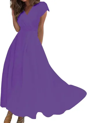 Womens Dresses Wrap V Neck Cap Sleeve Sundresses Elegant Flowy Long Dresses Floral Print Loose Beach Dress