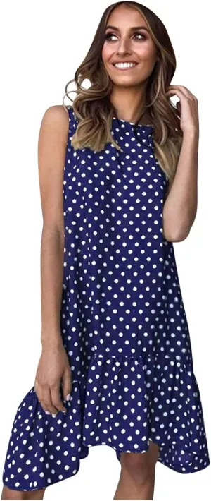 Women's Elegant Round Neck Sleeveless Dress Hem Ruffle Pleated Midi Skirt Polka Dot Loose Dresses Party Vacation