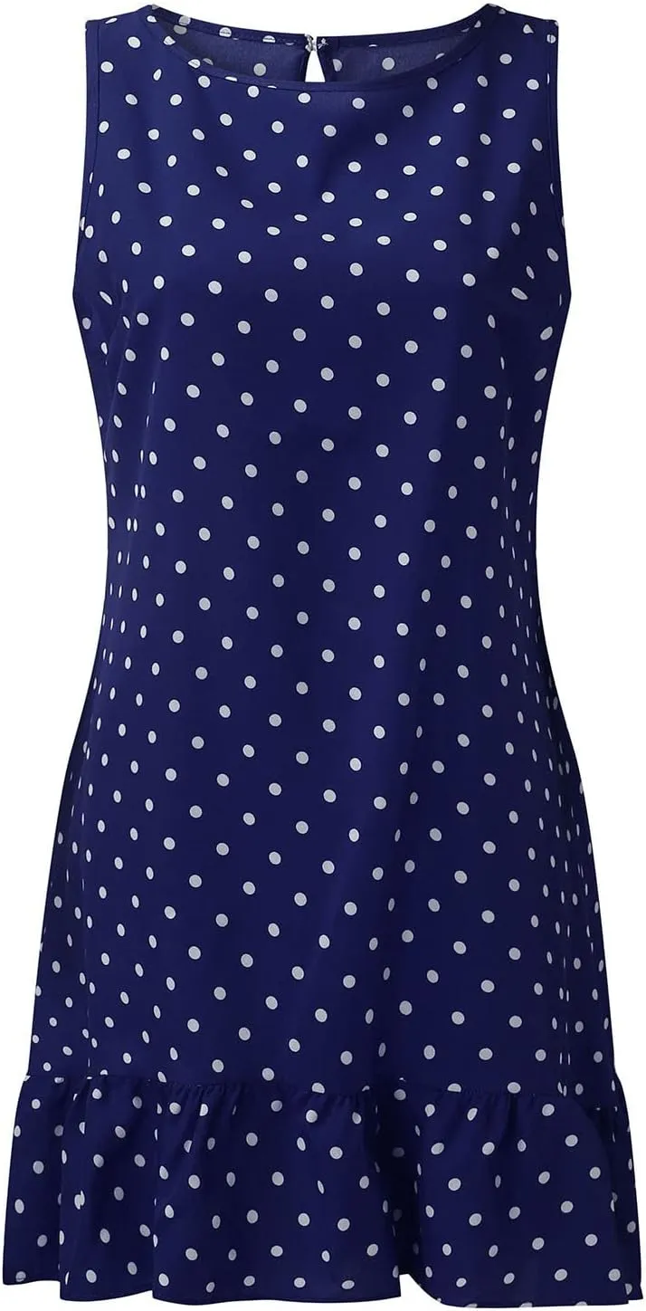 Women's Elegant Round Neck Sleeveless Dress Hem Ruffle Pleated Midi Skirt Polka Dot Loose Dresses Party Vacation