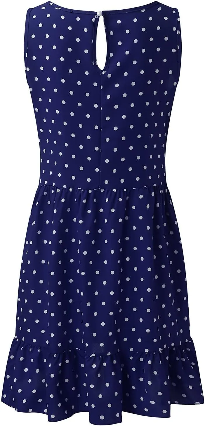 Women's Elegant Round Neck Sleeveless Dress Hem Ruffle Pleated Midi Skirt Polka Dot Loose Dresses Party Vacation