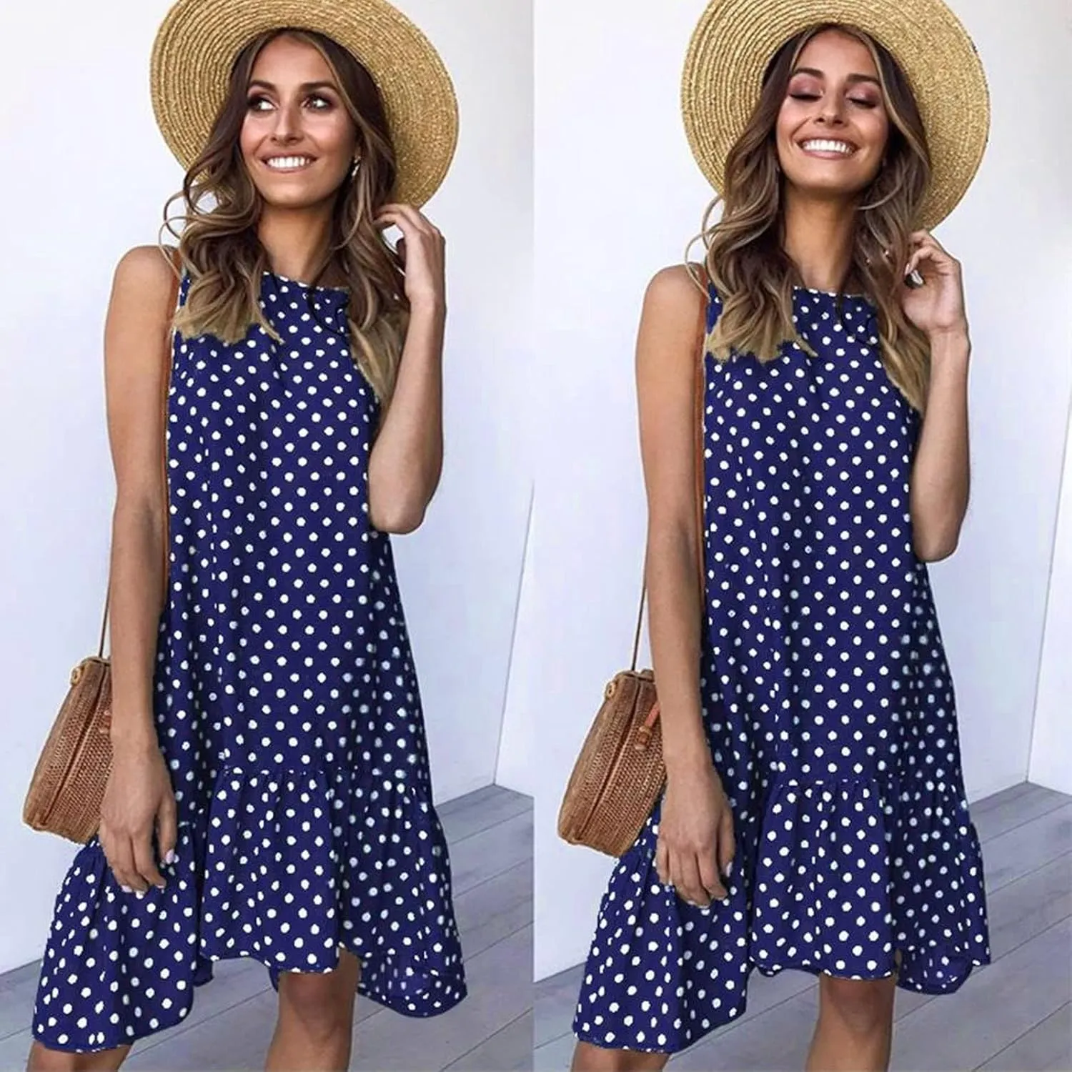 Women's Elegant Round Neck Sleeveless Dress Hem Ruffle Pleated Midi Skirt Polka Dot Loose Dresses Party Vacation