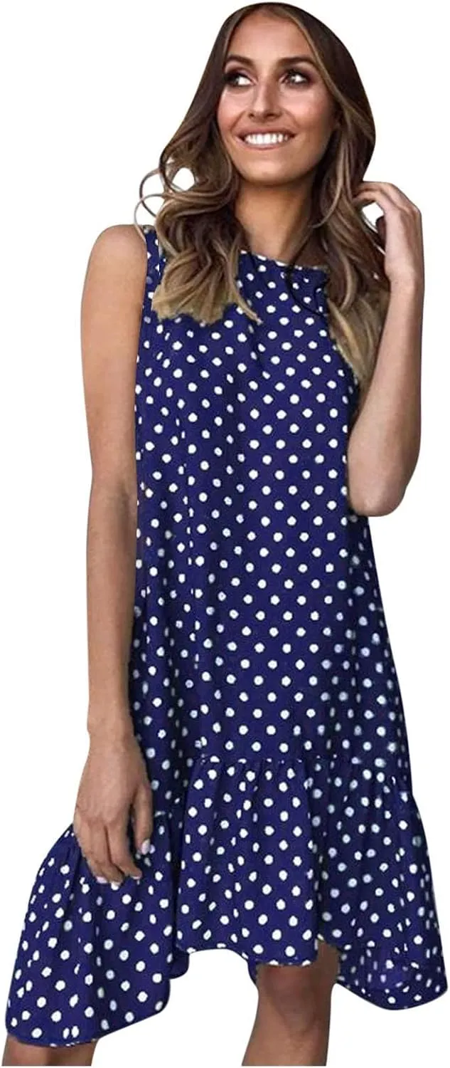 Women's Elegant Round Neck Sleeveless Dress Hem Ruffle Pleated Midi Skirt Polka Dot Loose Dresses Party Vacation