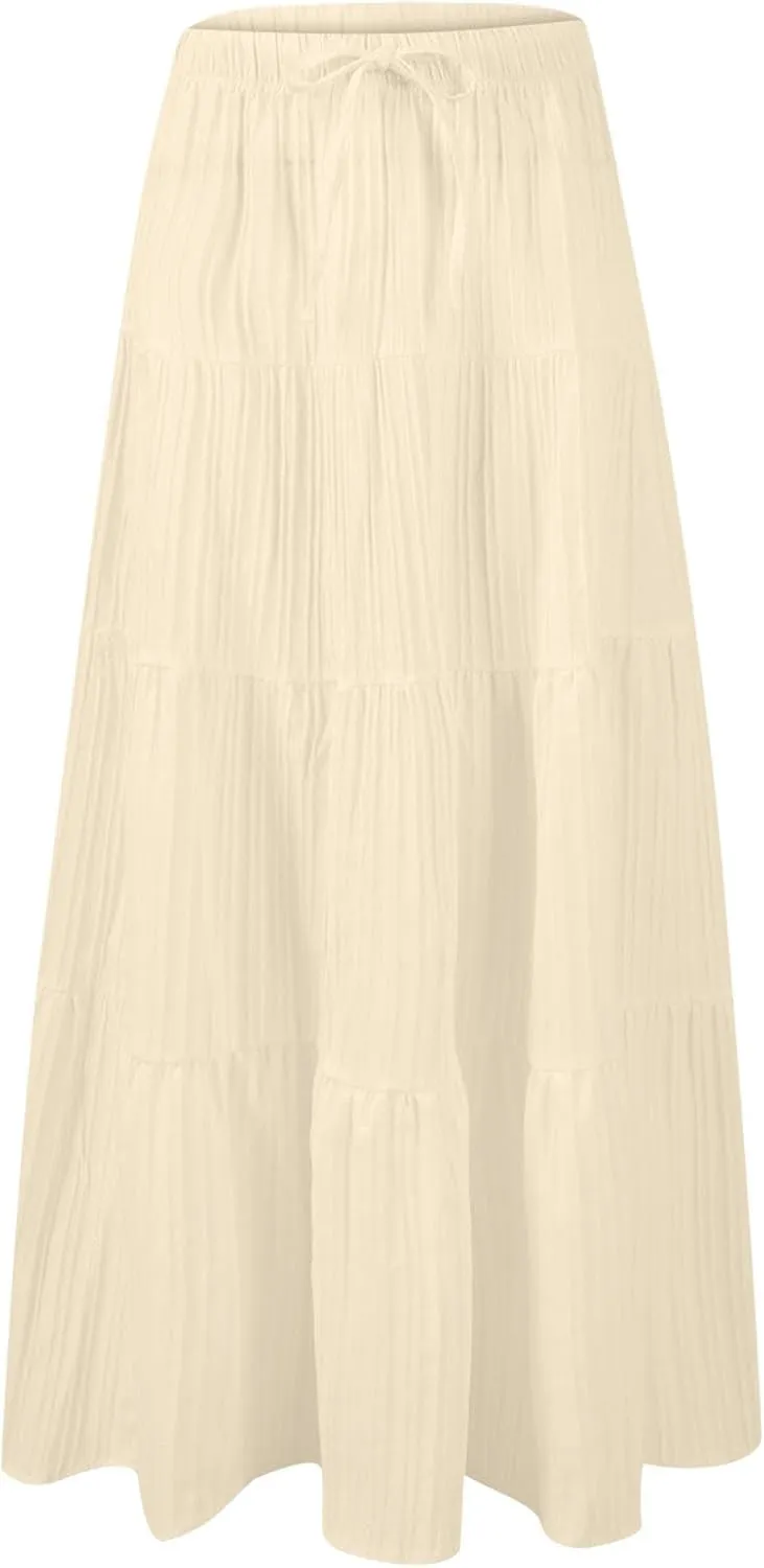 Women's Flowy Flared Ruffle Boho Long Skirt Summer Maxi Skirt Tiered Long Vacation A-Line Pleated Drawstring Swing Skirts