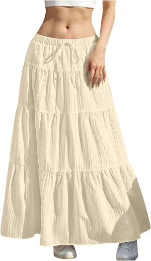Women's Flowy Flared Ruffle Boho Long Skirt Summer Maxi Skirt Tiered Long Vacation A-Line Pleated Drawstring Swing Skirts