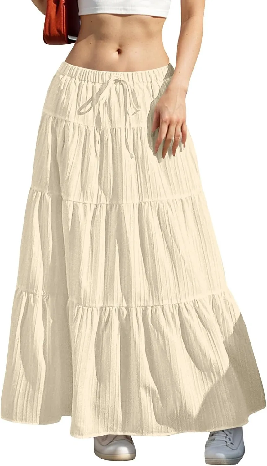Women's Flowy Flared Ruffle Boho Long Skirt Summer Maxi Skirt Tiered Long Vacation A-Line Pleated Drawstring Swing Skirts