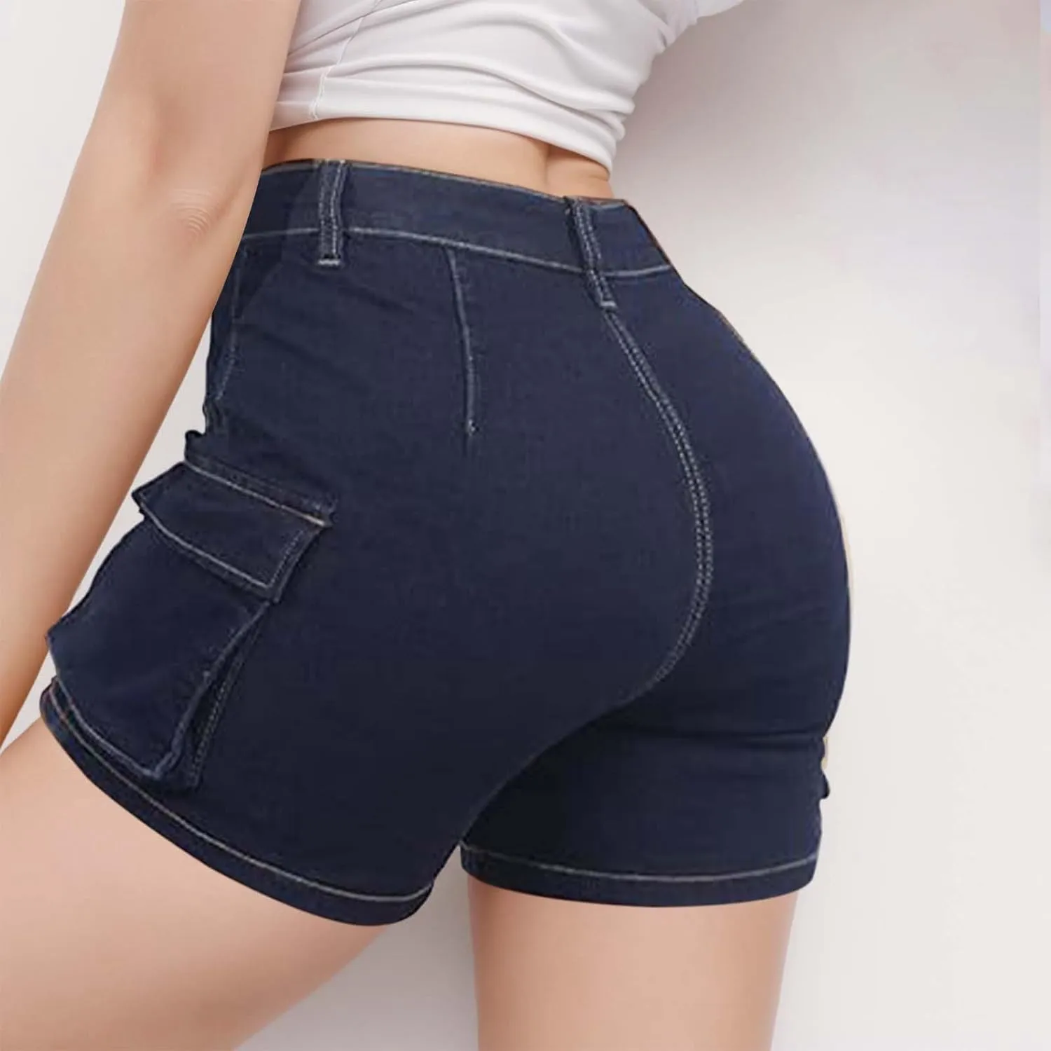 Womens High Waisted Cargo Skinny Shorts Y2K Straight Leg Stretchy Sexy Butt-Lifting Hot Denim Shorts