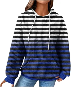 Womens Hoodies Casual Long Sleeve Drawstring Waffle Pullover Tops Solid Hoodie with Pockets