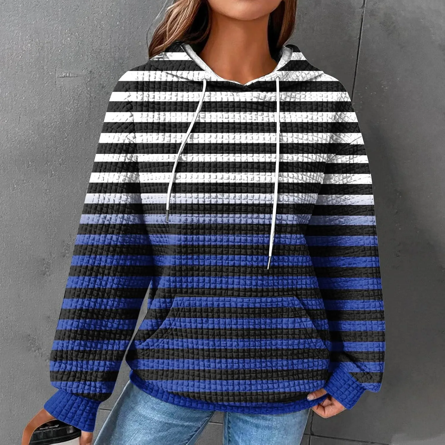 Womens Hoodies Casual Long Sleeve Drawstring Waffle Pullover Tops Solid Hoodie with Pockets