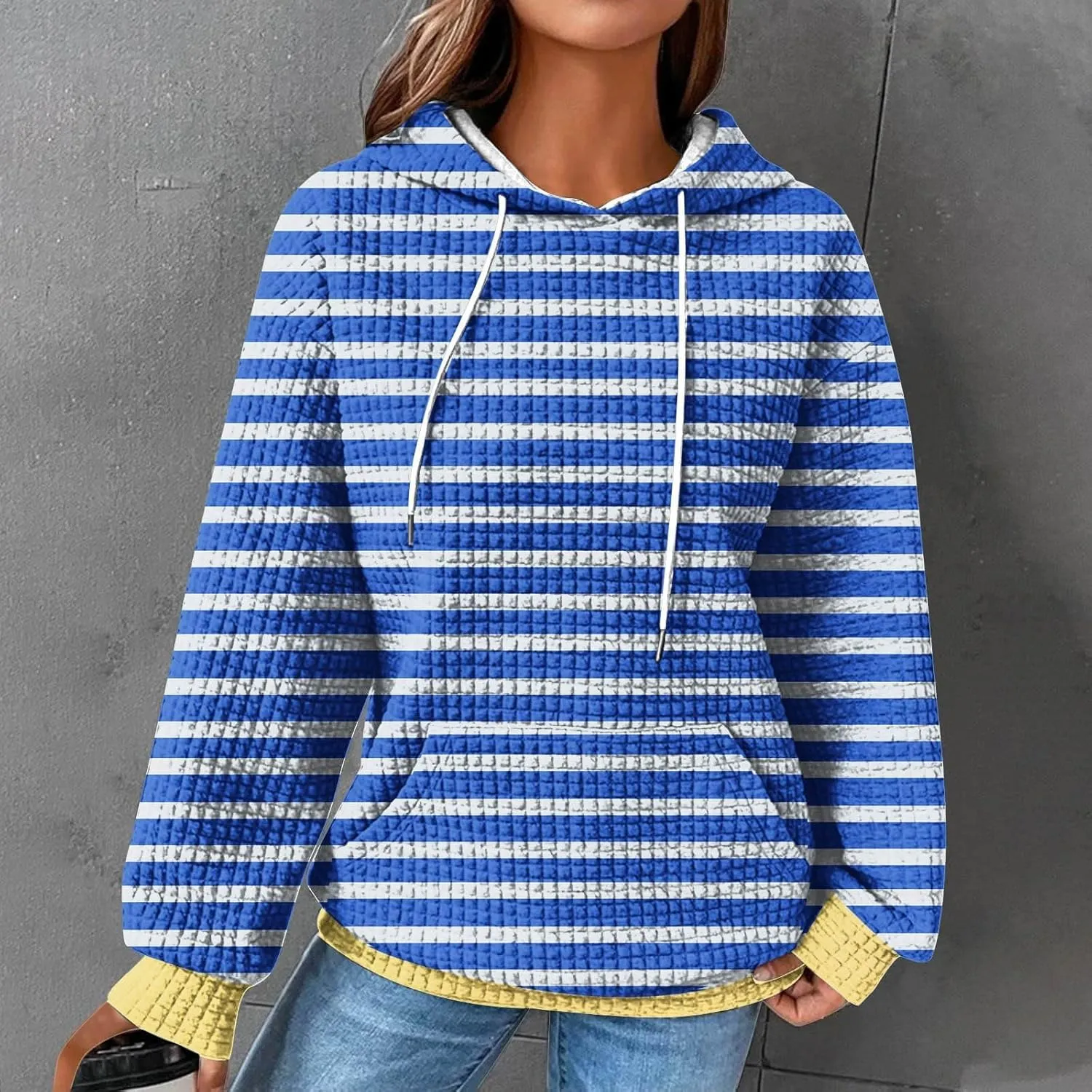 Womens Hoodies Casual Long Sleeve Drawstring Waffle Pullover Tops Solid Hoodie with Pockets
