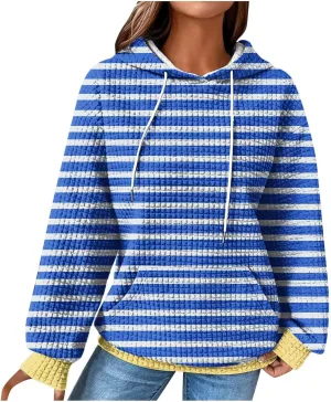 Womens Hoodies Casual Long Sleeve Drawstring Waffle Pullover Tops Solid Hoodie with Pockets