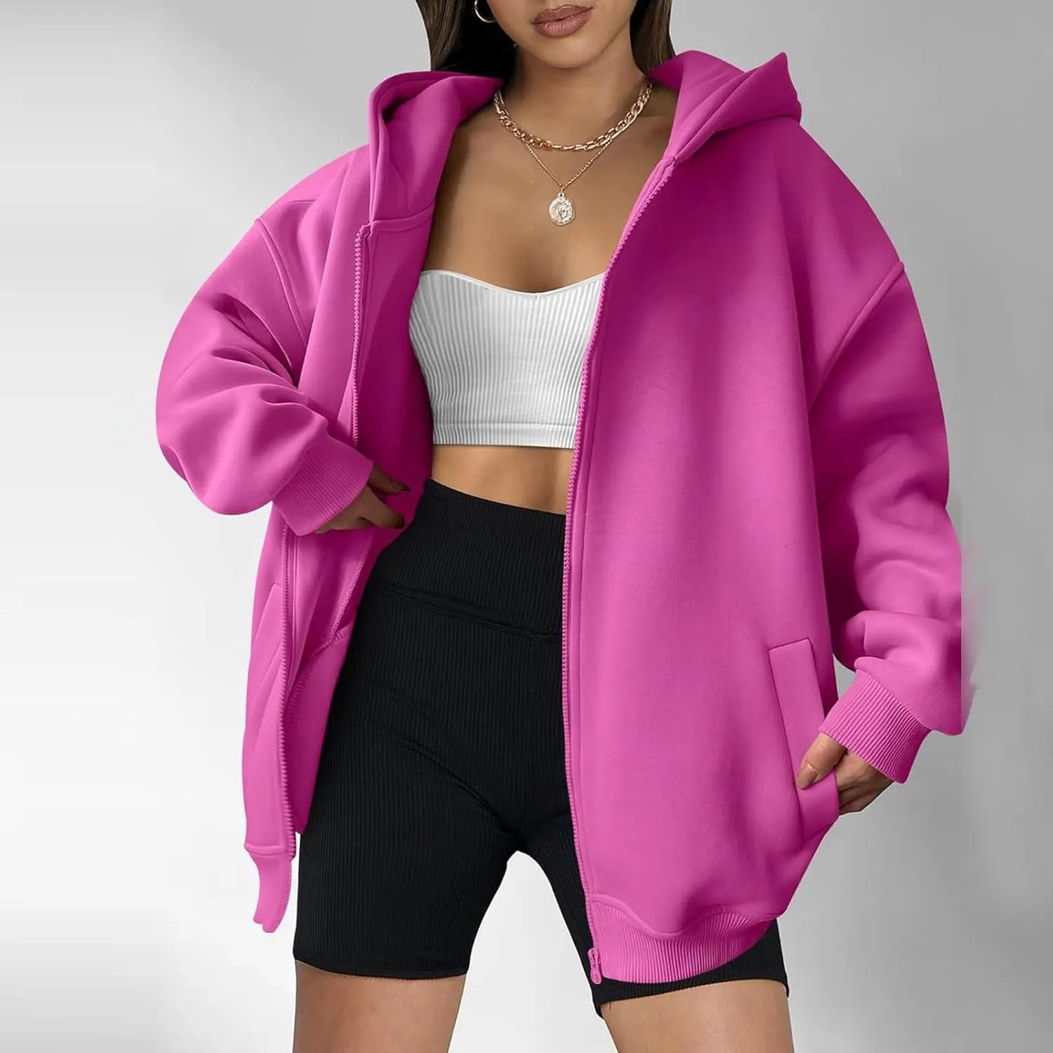 Women's Hot Pink Oversized Jackets Zip Up Solid Hoodie Long Sleeve Fleece Hooded Sweatshirt Pullover Tops with Pocket