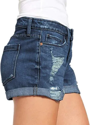 Women's Jean Shorts Stretchy High Waisted Crossover Sloping Waistband Denim Shorts Y2K Trendy Casual Summer Clothes