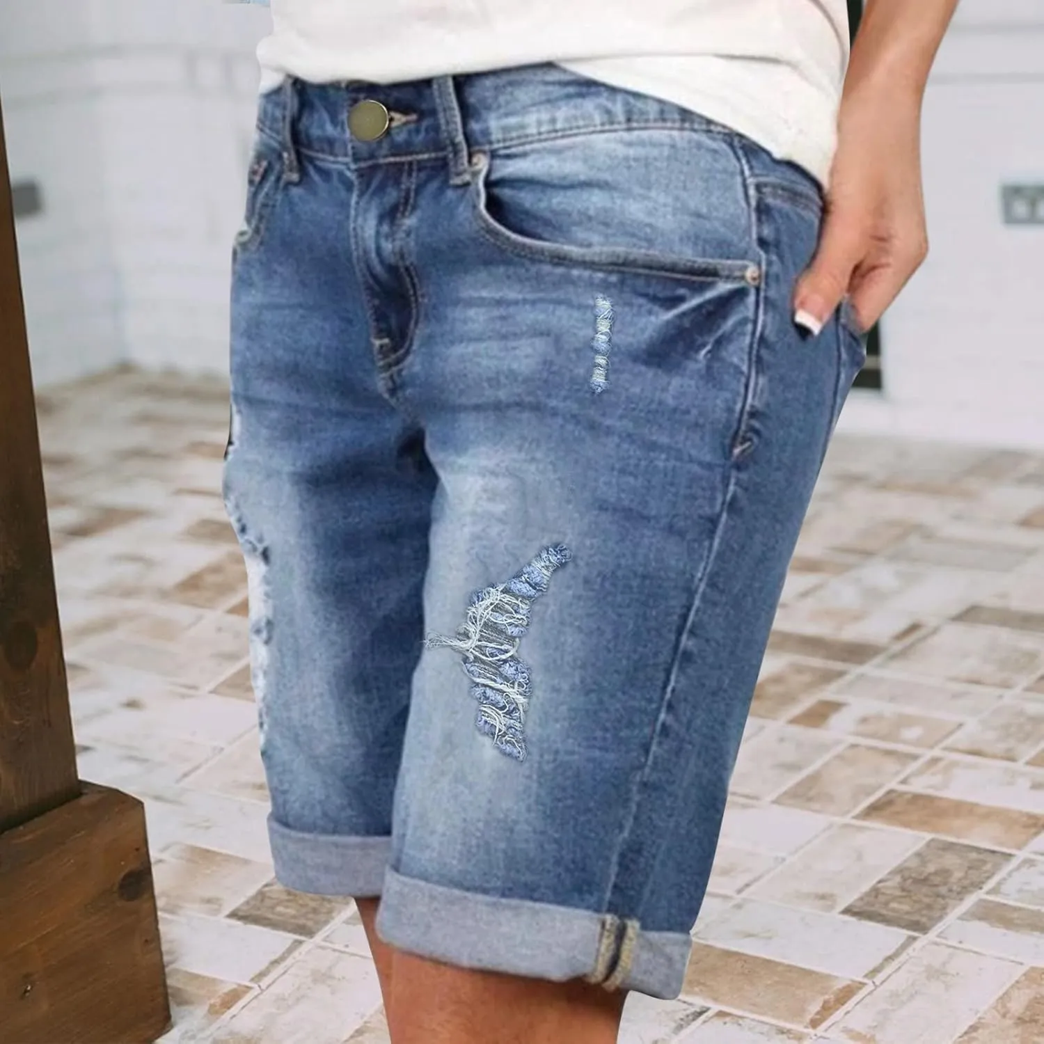 Women's Jean Shorts Stretchy High Waisted Crossover Sloping Waistband Denim Shorts Y2K Trendy Casual Summer Clothes