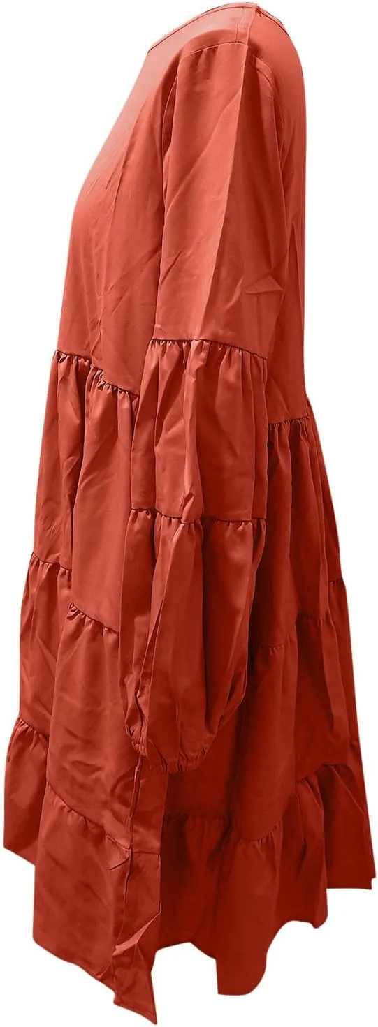 Women's Lantern Long Sleeve Ruffle Round Neck Tiered Mini Babydoll Dress Casual Loose Flowy Swing Tunic Dresses 2024